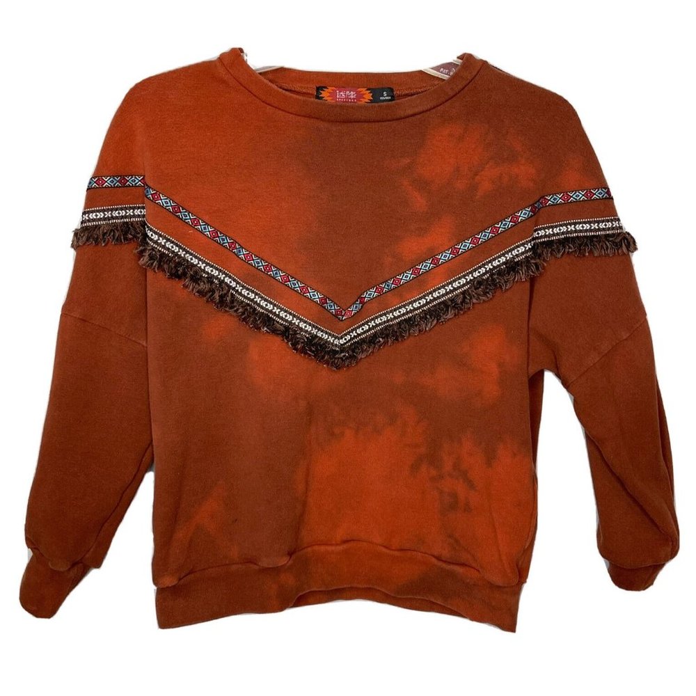 womens small tribal long sleeve sweatshirt Boho Native fringe bleached Orange